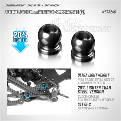 XRAY - ALU BALL END 6.0MM WITH HEX - SWISS 7075 T6 (2) - 373246