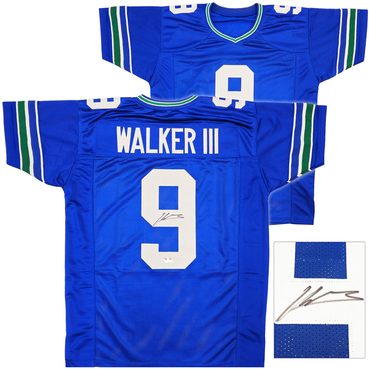 Kenneth Walker III - Seattle Seahawks Autographed Blue Throwback Custom Jersey - BAS Beckett Witness
