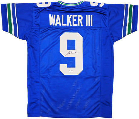 Kenneth Walker III - Seattle Seahawks Autographed Blue Throwback Custom Jersey - BAS Beckett Witness